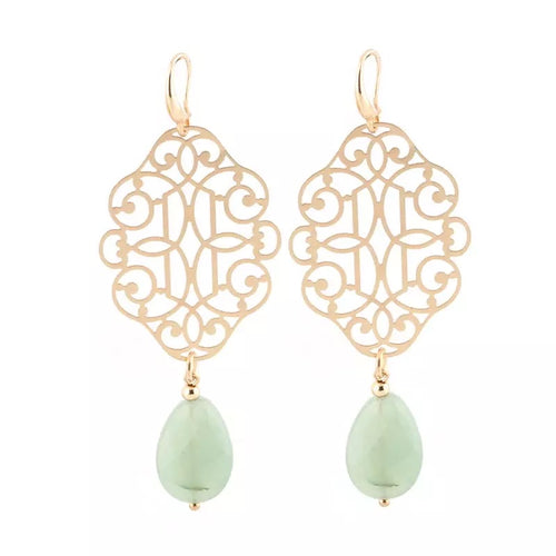 Grandes Boucles d'oreilles dorées et pierres vertes