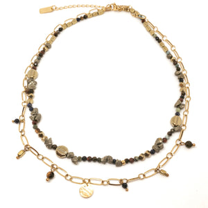 Collier double doré et pierres grises et marrons