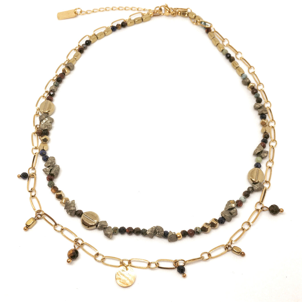 Collier double doré et pierres grises et marrons